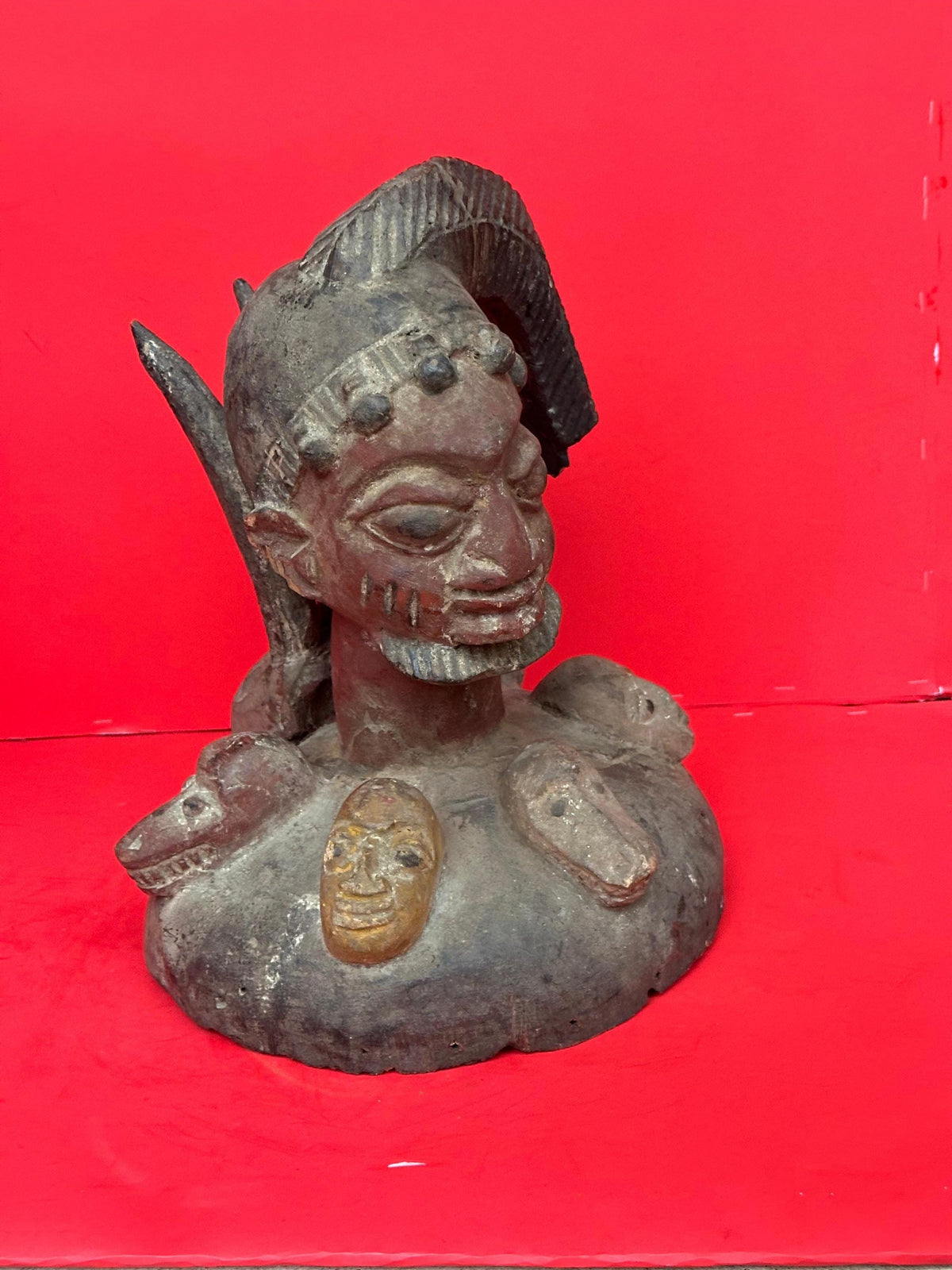 Vintage Yoruba Egungun Headdress Plateau Ancestor Mask Carved Wood Nigeria 16"