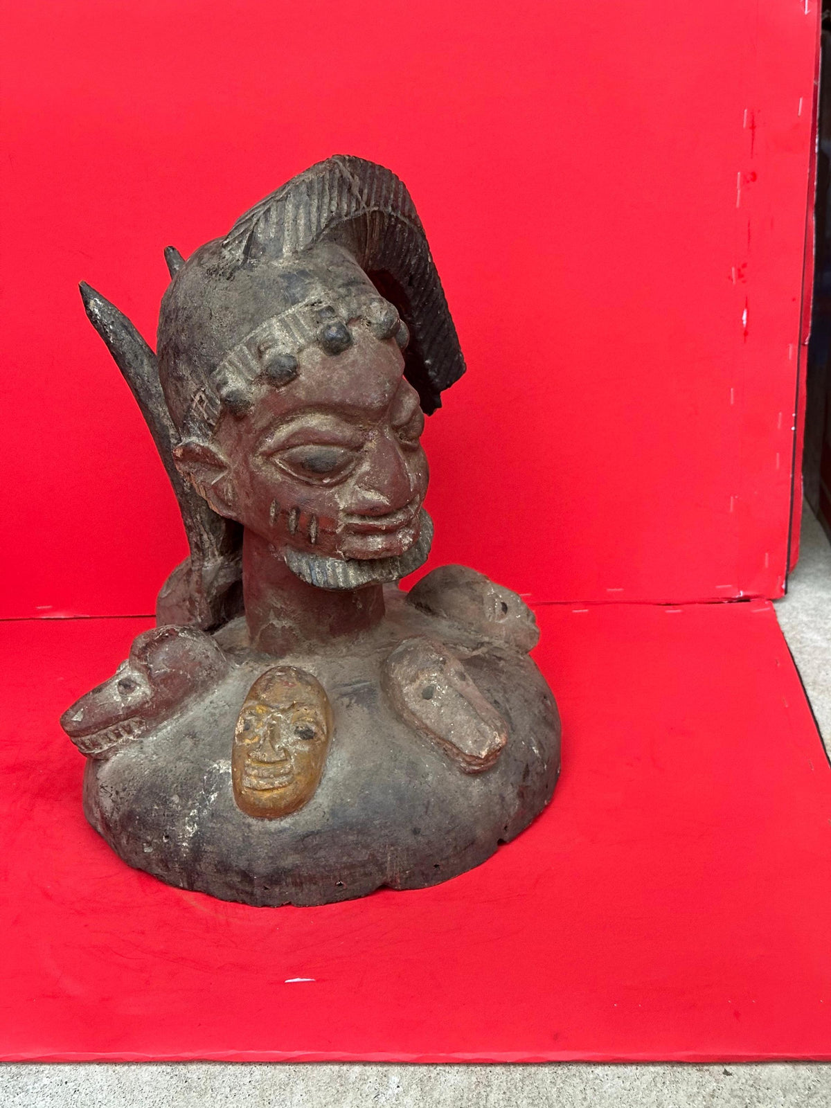 Vintage Yoruba Egungun Headdress Plateau Ancestor Mask Carved Wood Nigeria 16"