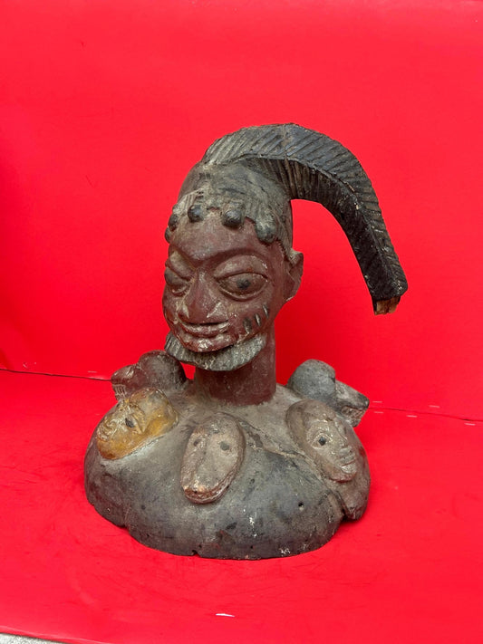 Vintage Yoruba Egungun Headdress Plateau Ancestor Mask Carved Wood Nigeria 16"