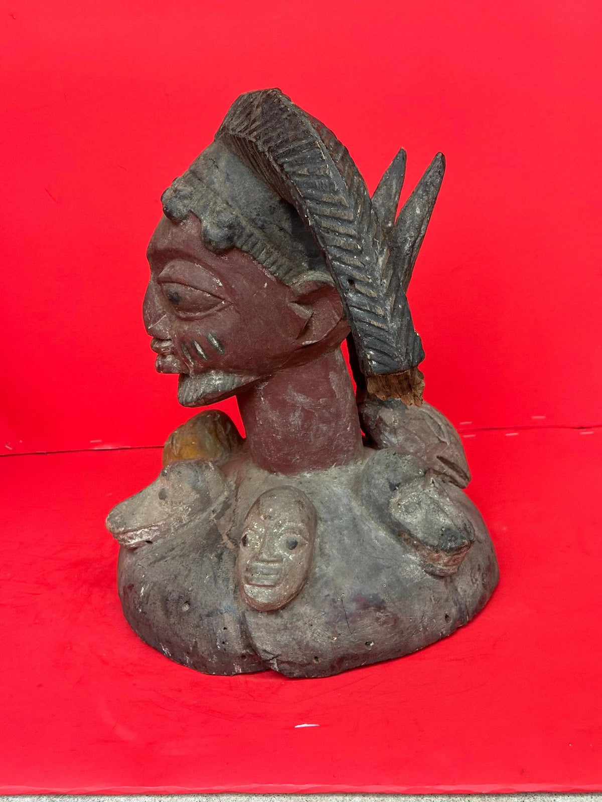 Vintage Yoruba Egungun Headdress Plateau Ancestor Mask Carved Wood Nigeria 16"