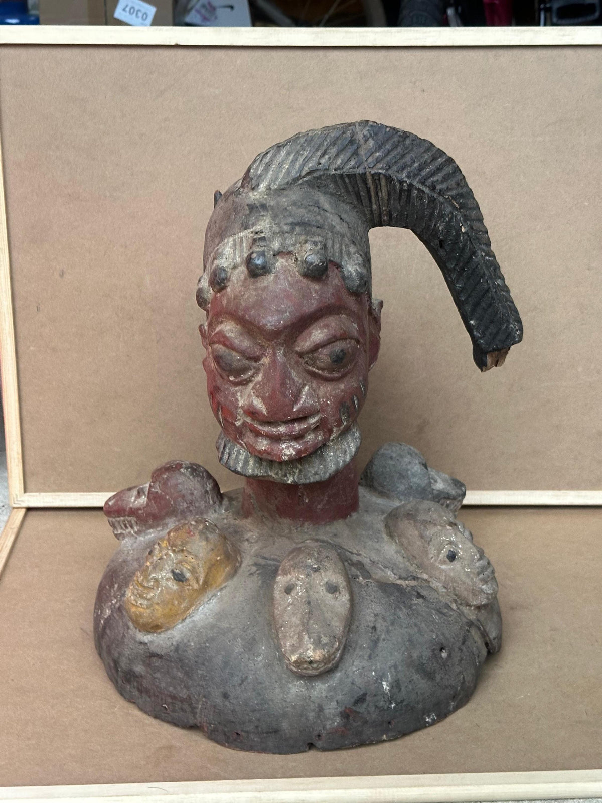 Vintage Yoruba Egungun Headdress Plateau Ancestor Mask Carved Wood Nigeria 16"