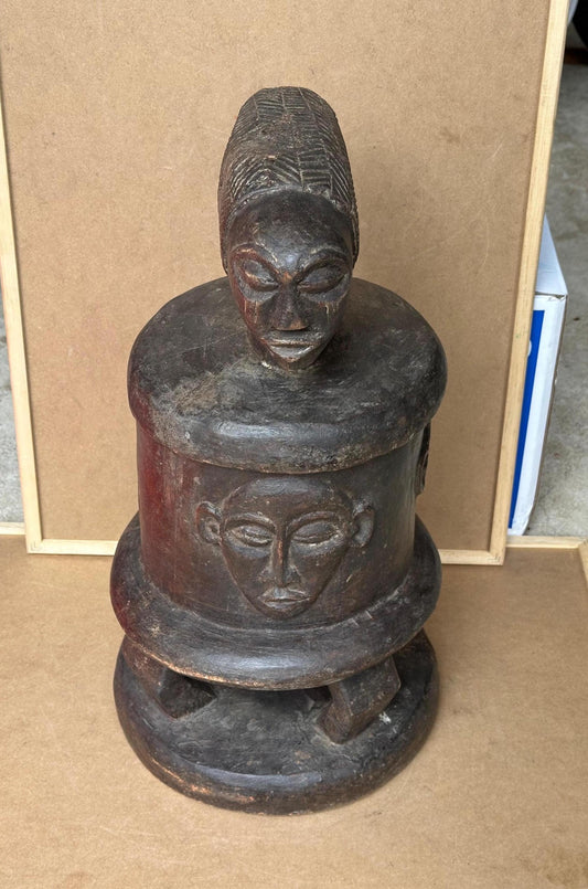 Vintage Luba Ritual Vessel Ancestor Heads Carved Wood Congo African 18"