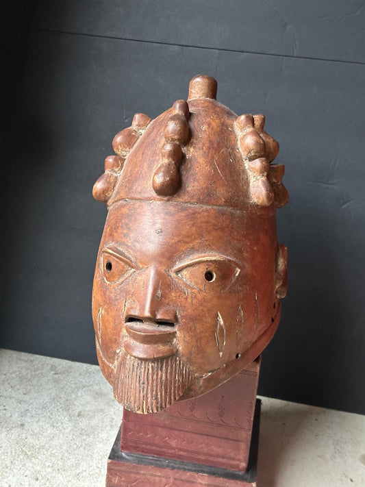 Vintage Yoruba Egungun Oniko Helmet Mask Bearded Chief Carved Wood Nigeria 13"