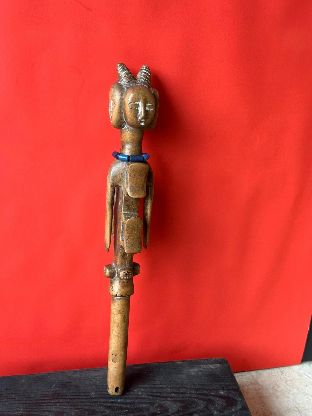 Vintage Ewe Ceremonial Wand/Baton (Heda) - Triple-Faced Janus Finial with Crocodile