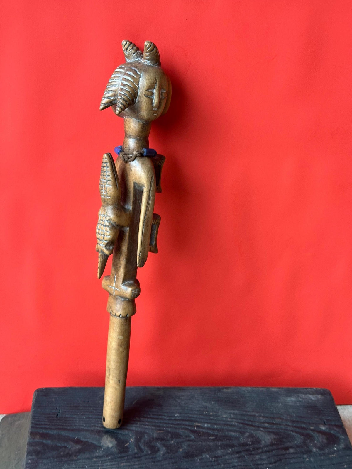 Vintage Ewe Ceremonial Wand/Baton (Heda) - Triple-Faced Janus Finial with Crocodile