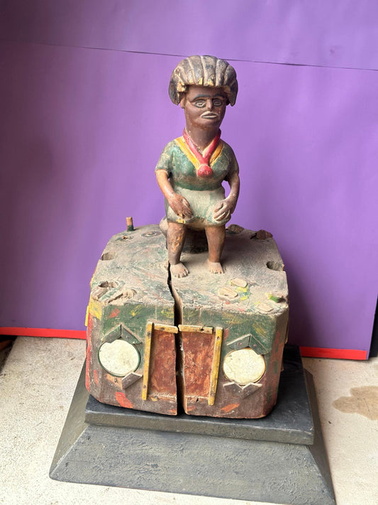 Vintage Yoruba Ceremonial Post Finial | Female Figure & Mirror Base | Danced 18"