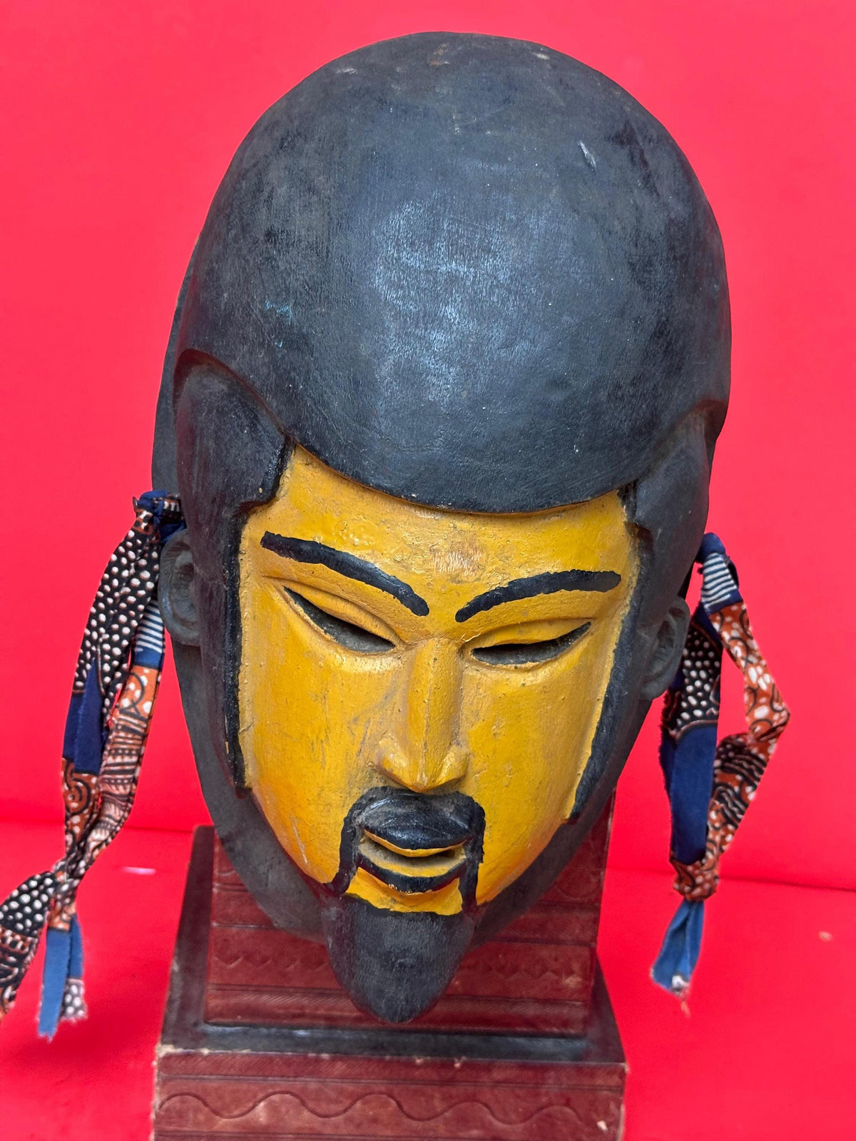 Vintage Yoruba Egungun Mask Ancestral Portrait Black Yellow Carved Wood 13.5"