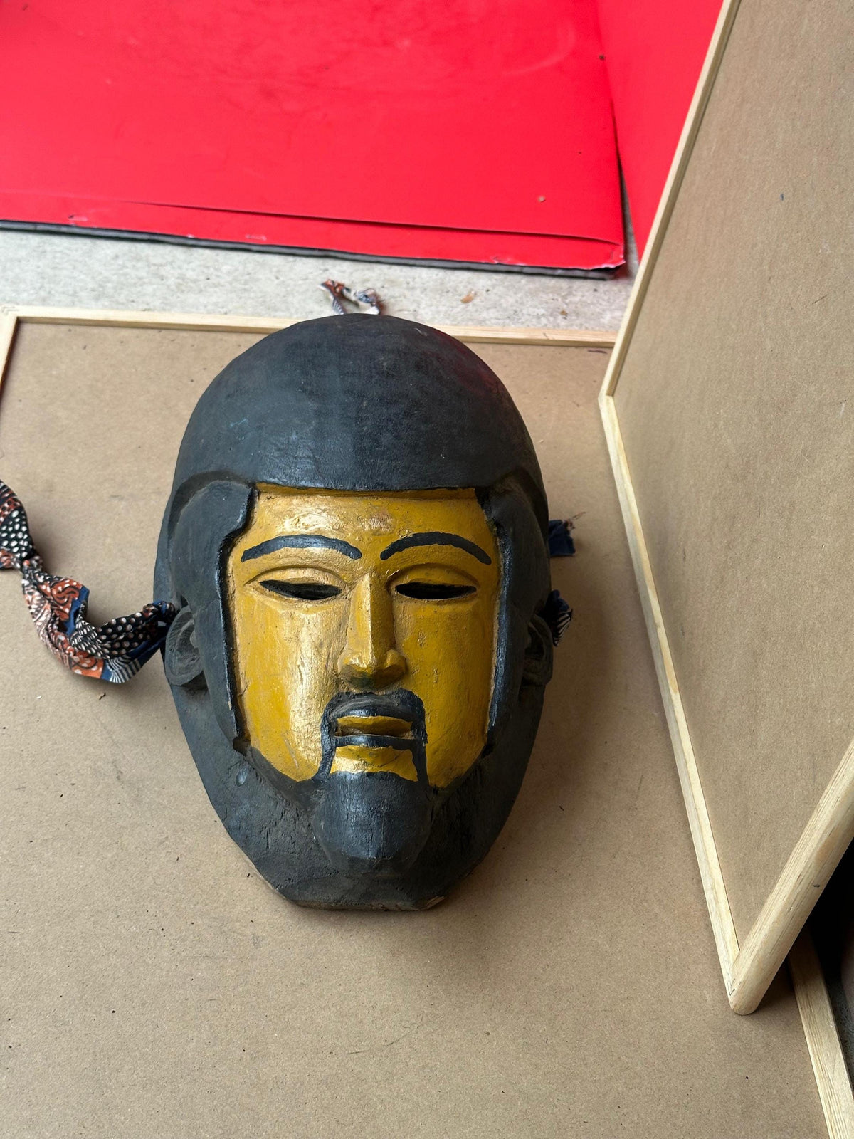 Vintage Yoruba Egungun Mask Ancestral Portrait Black Yellow Carved Wood 13.5"