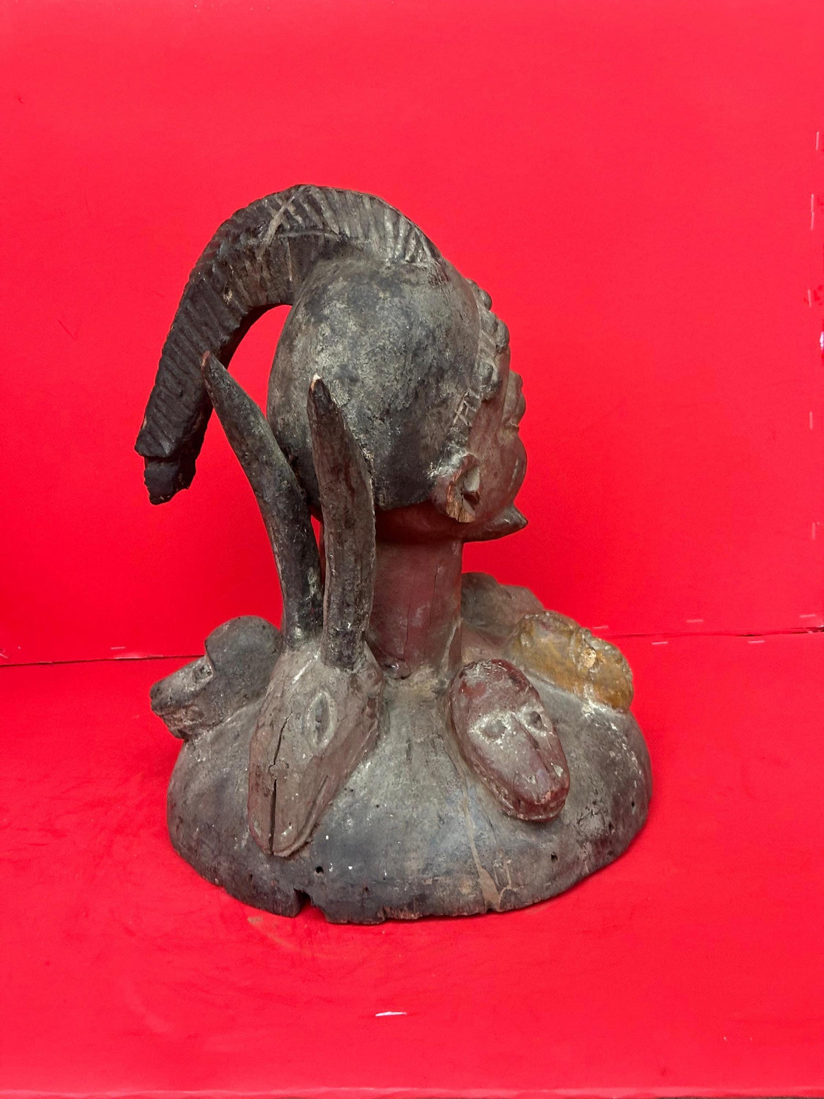 Vintage Yoruba Egungun Headdress Plateau Ancestor Mask Carved Wood Nigeria 16"
