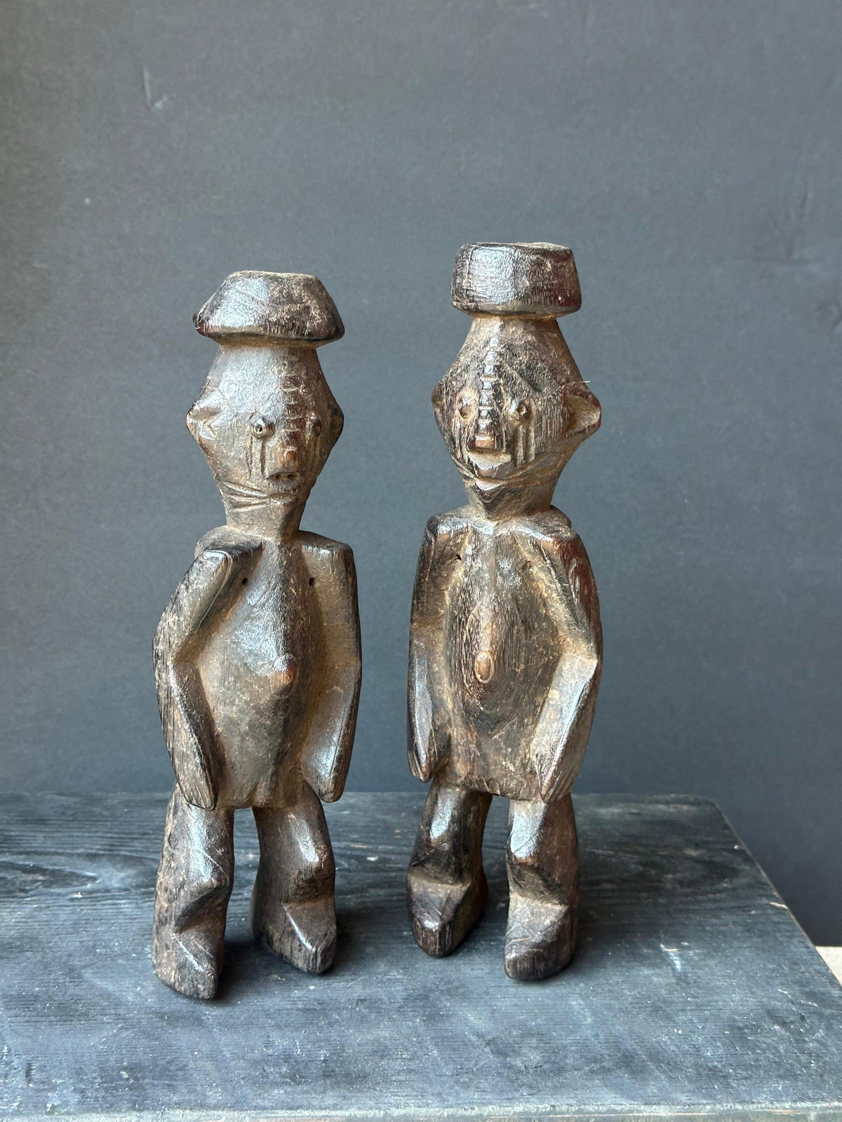 Vintage Chamba Ancestral Pair Figures | Dark Wood Sculpture (9.5")