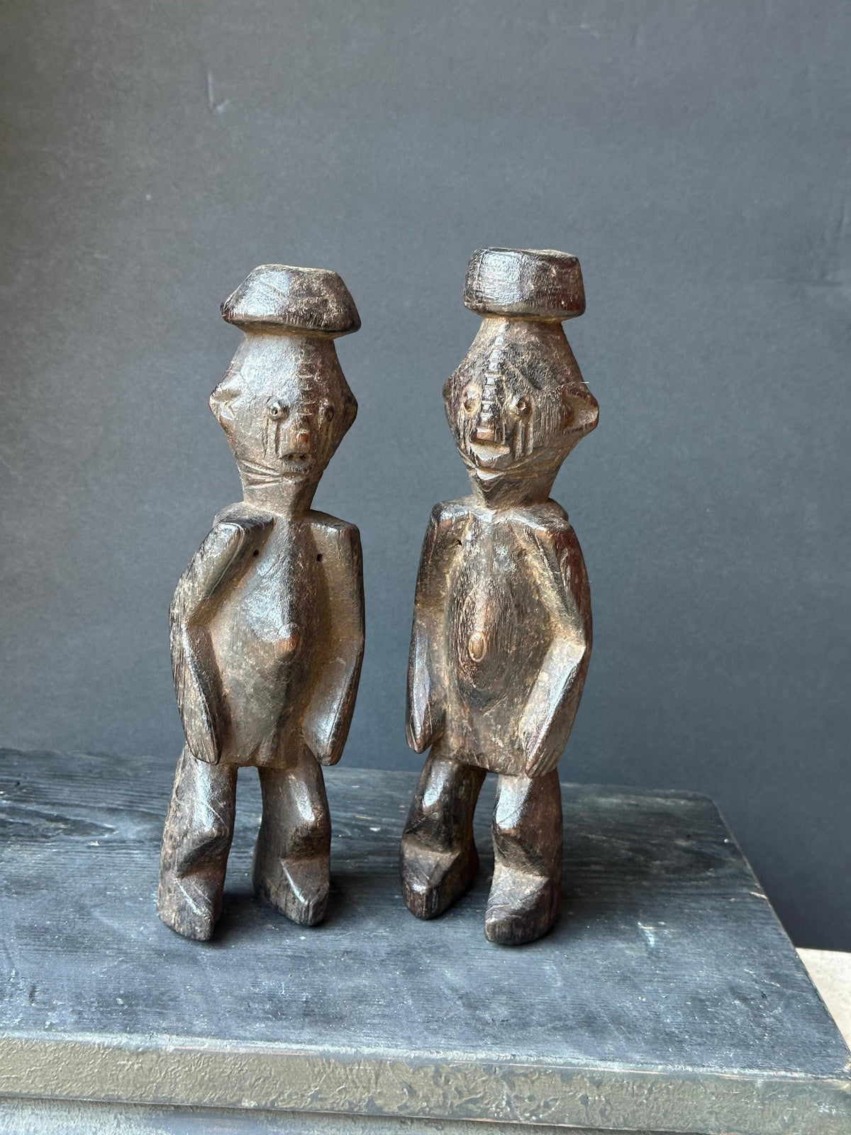 Vintage Chamba Ancestral Pair Figures | Dark Wood Sculpture (9.5")