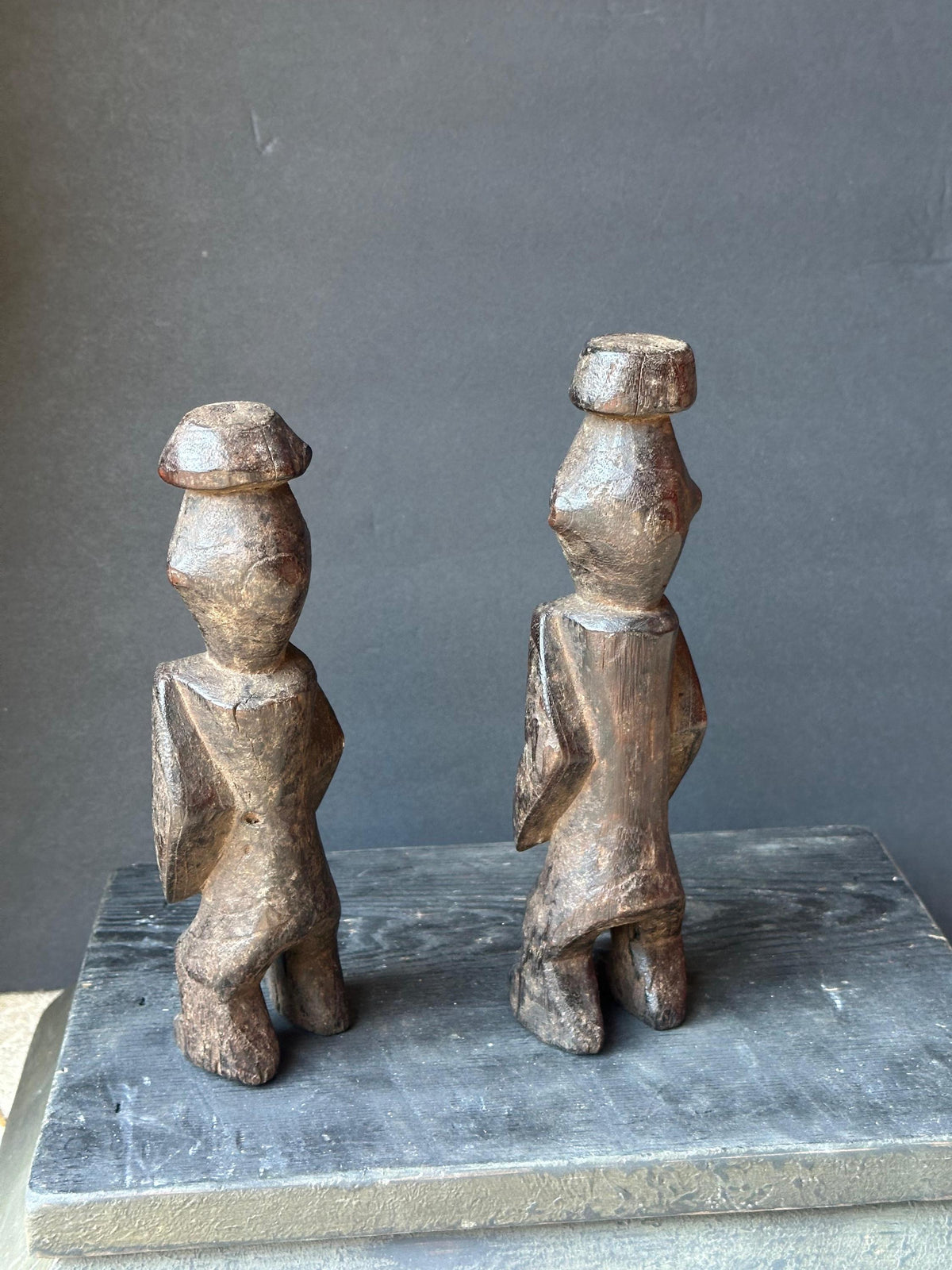 Vintage Chamba Ancestral Pair Figures | Dark Wood Sculpture (9.5")