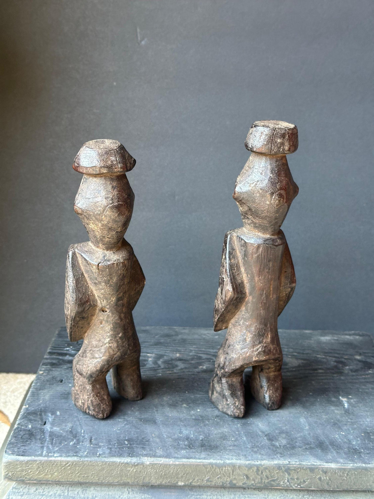 Vintage Chamba Ancestral Pair Figures | Dark Wood Sculpture (9.5")