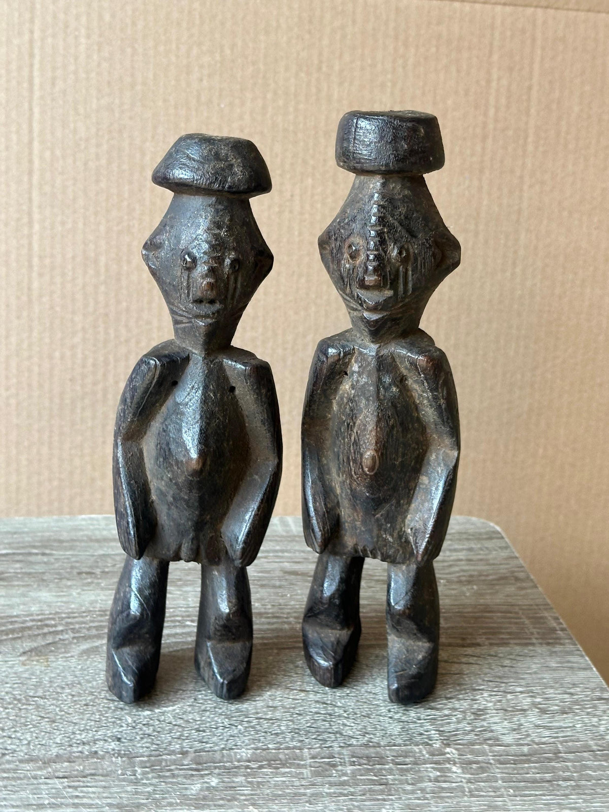 Vintage Chamba Ancestral Pair Figures | Dark Wood Sculpture (9.5")