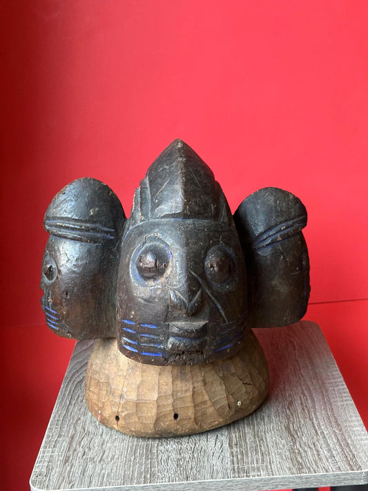 Vintage Yoruba Three-Headed Egungun/Gelede Headdress | Patina & Blue Pigment 12"