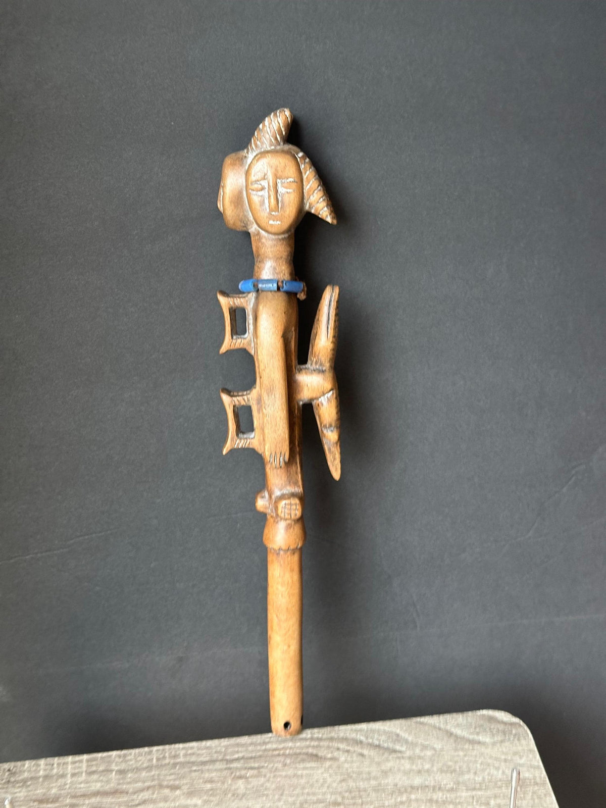 Vintage Ewe Ceremonial Wand/Baton (Heda) - Triple-Faced Janus Finial with Crocodile