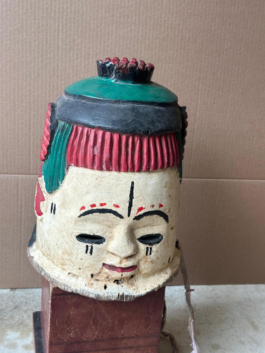 Vintage Igala Helmet Mask Maiden Spirit Cap Coiffure Polychrome Carved Wood 11"