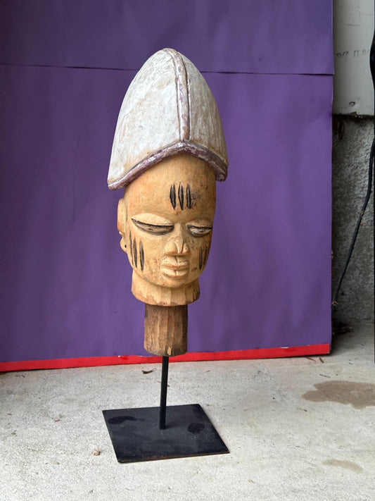 Vintage Yoruba Ijebu Egba Head Crest Headdress Carved Wood Kaolin on Stand 19"