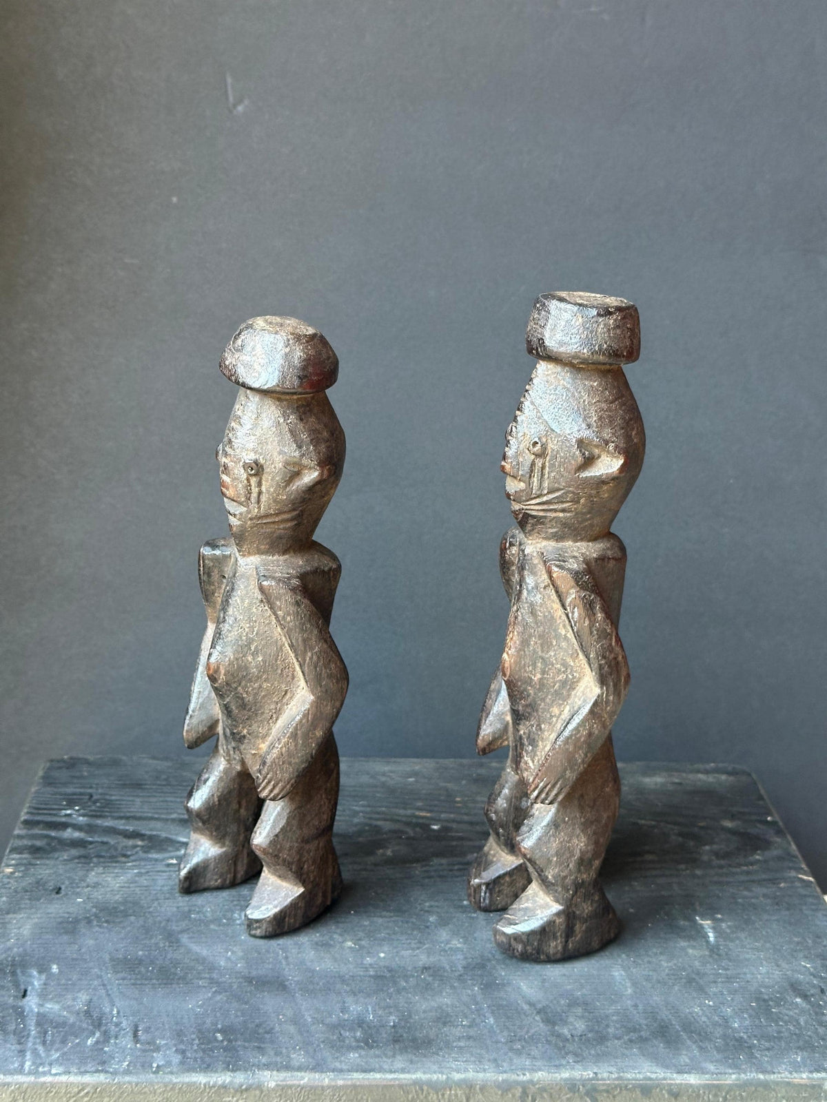 Vintage Chamba Ancestral Pair Figures | Dark Wood Sculpture (9.5")