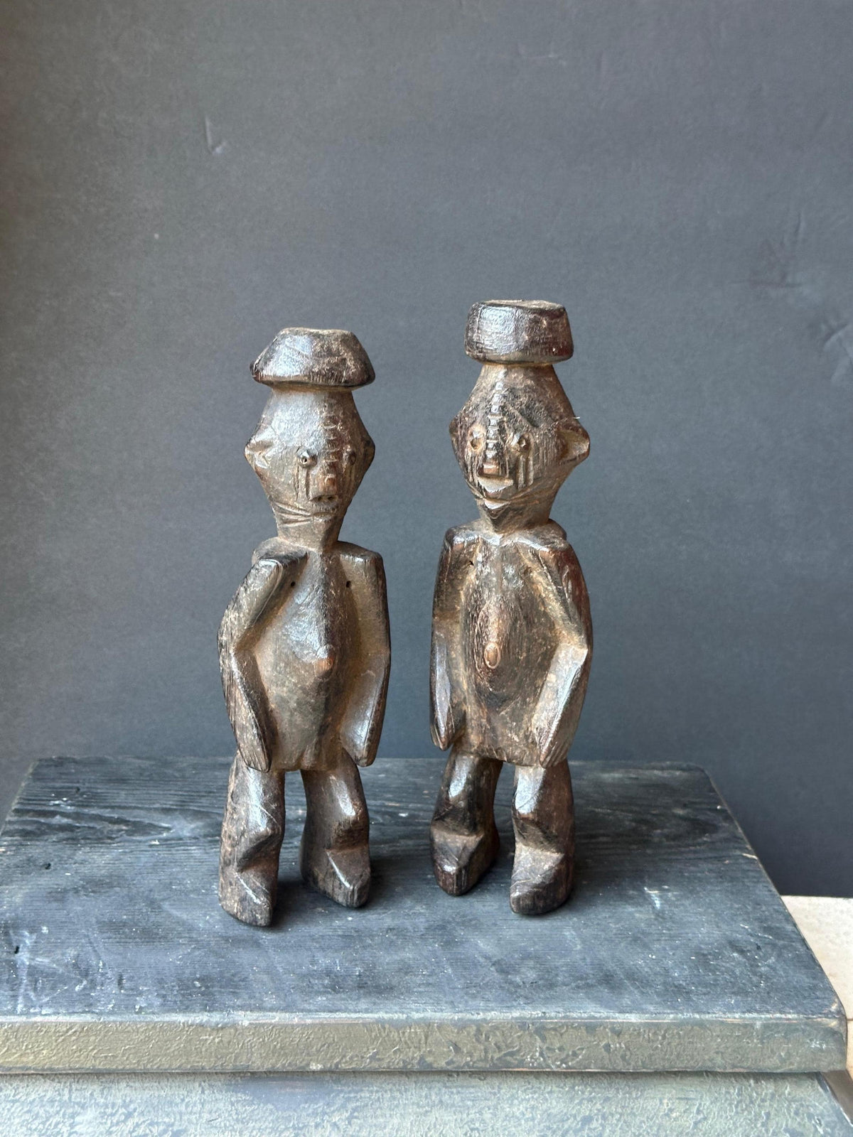 Vintage Chamba Ancestral Pair Figures | Dark Wood Sculpture (9.5")