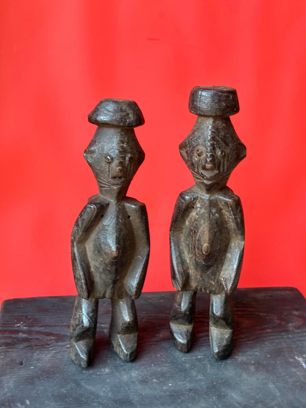 Vintage Chamba Ancestral Pair Figures | Dark Wood Sculpture (9.5")