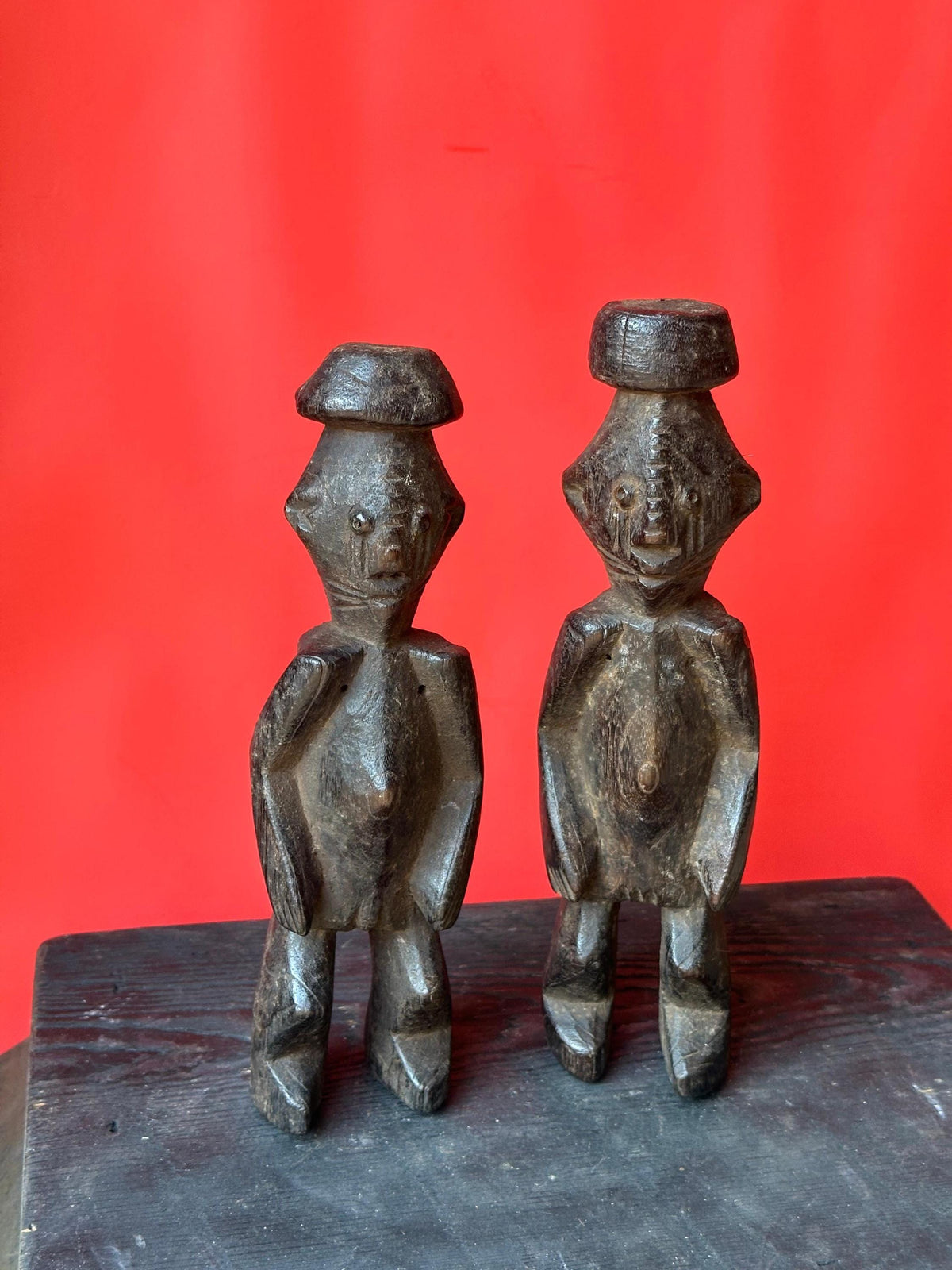 Vintage Chamba Ancestral Pair Figures | Dark Wood Sculpture (9.5")