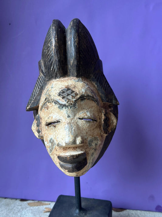 Vintage Punu Mask White Kaolin Face Twin Crest Coiffure Carved Wood Gabon 9.5"