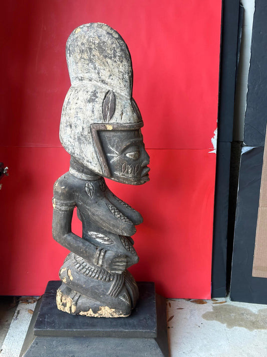 Vintage Yoruba Shrine Figure - Kneeling Woman with Elaborate Coiffure (31")