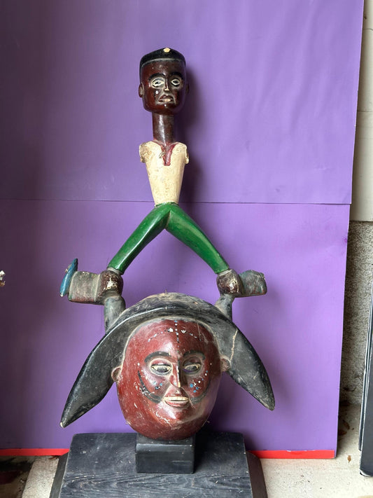 Vintage Tiv Akweya Helmet Mask with Colonial Figure / Danced Nigeria 26"