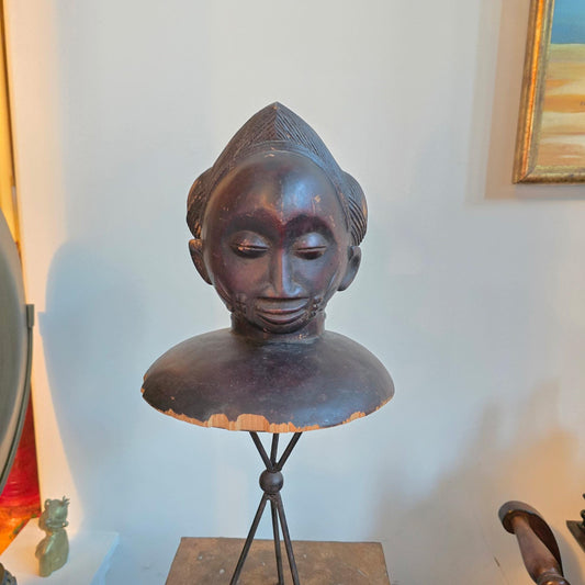 Vintage Yoruba Female Head Pot Lid Carved Wood Shrine Cover Nigeria African 10"