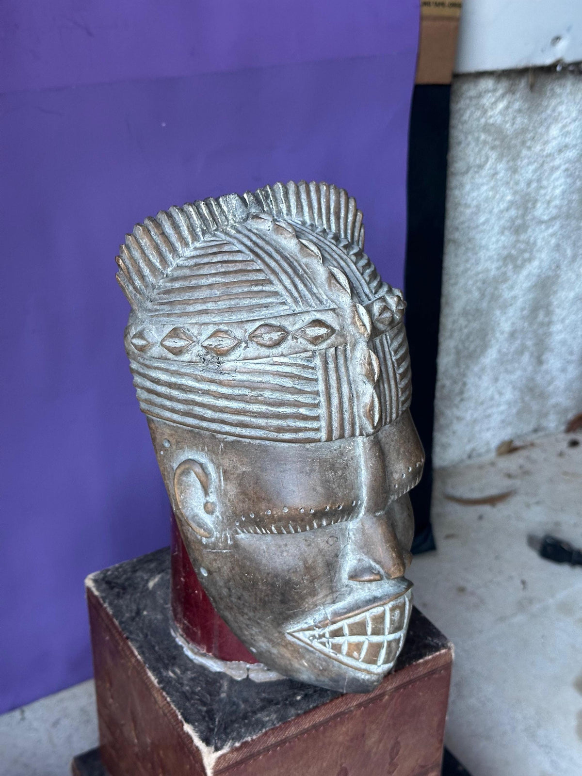 Vintage West African Mask Carved Wood Bared Teeth Coiffure Tribal Wall Art 9.5"