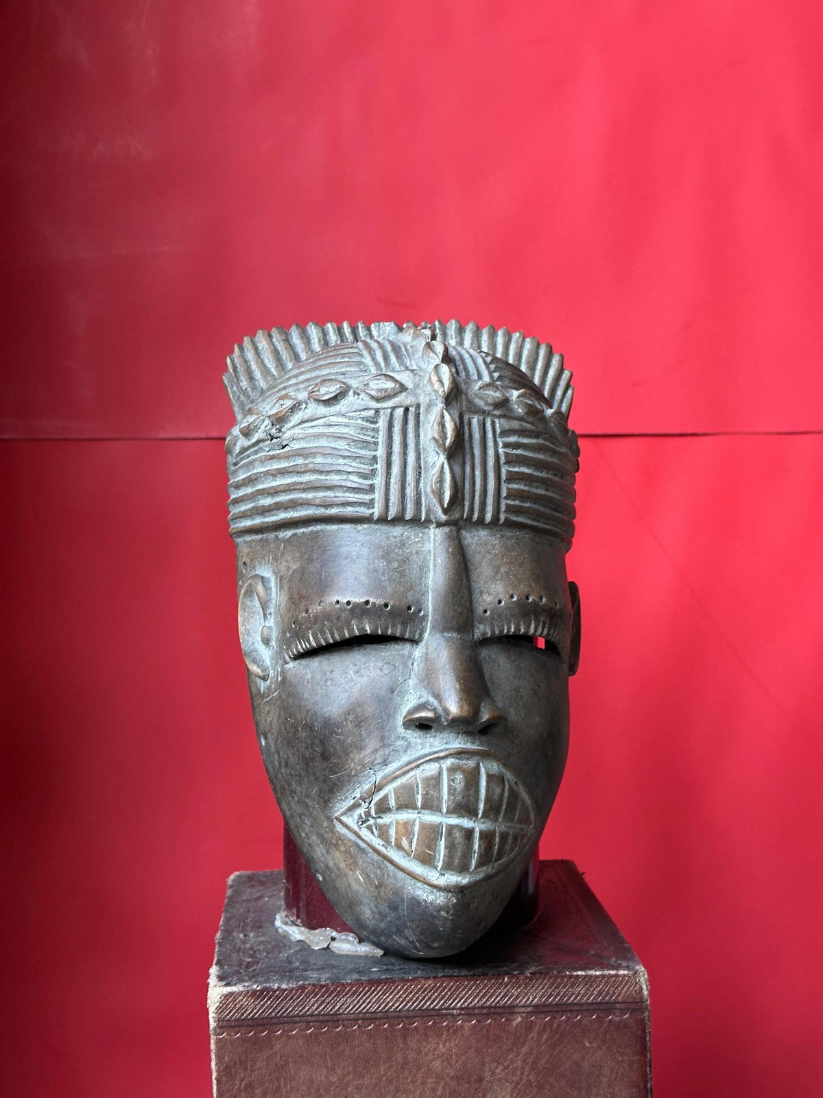 Vintage West African Mask Carved Wood Bared Teeth Coiffure Tribal Wall Art 9.5"