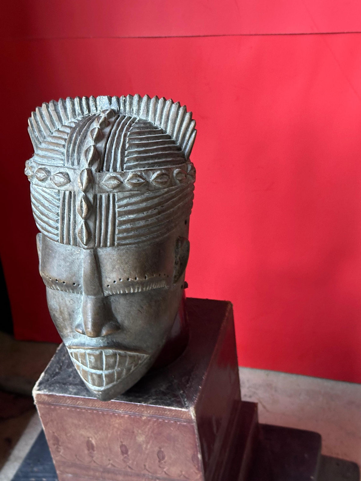 Vintage West African Mask Carved Wood Bared Teeth Coiffure Tribal Wall Art 9.5"