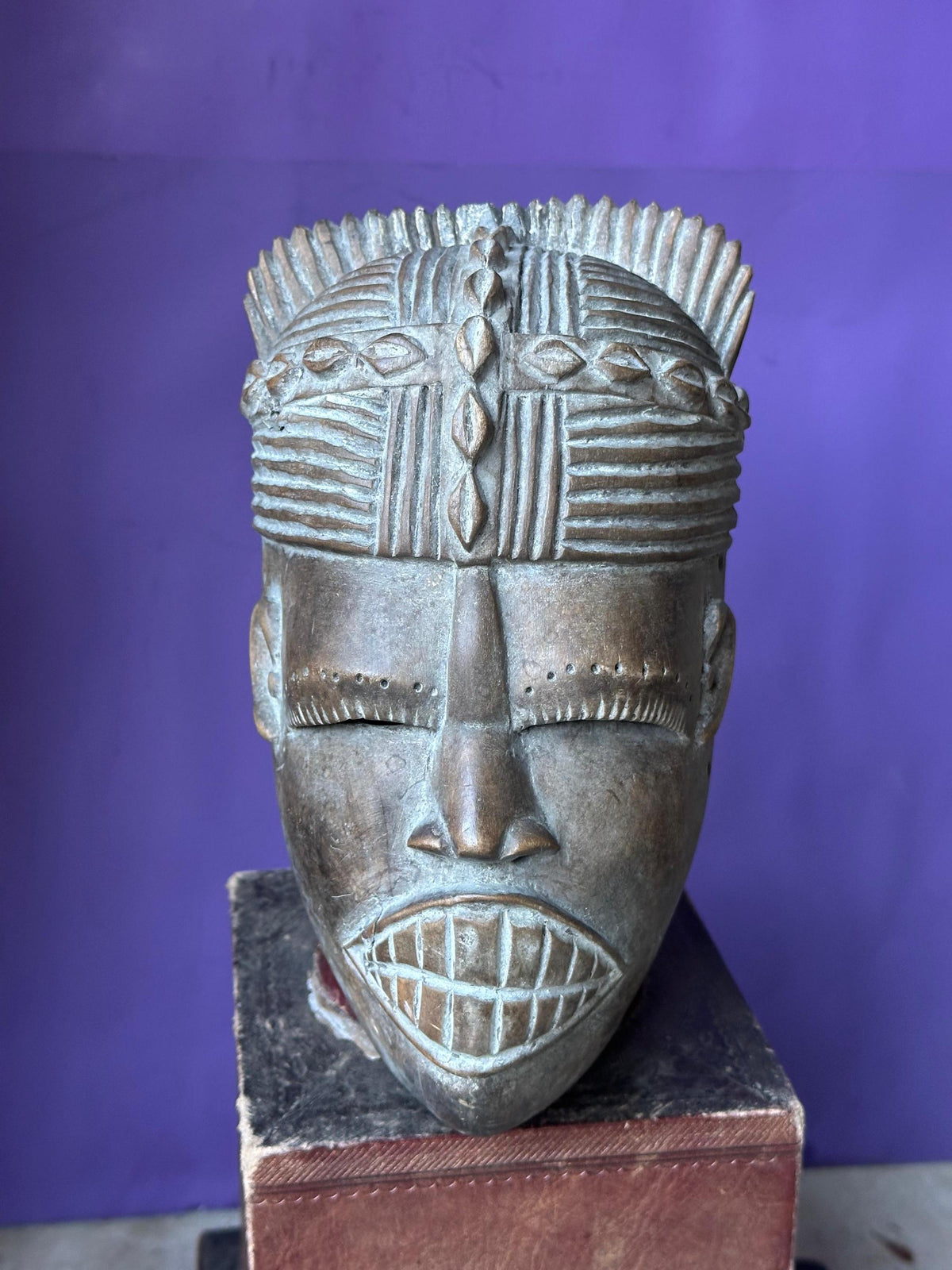 Vintage West African Mask Carved Wood Bared Teeth Coiffure Tribal Wall Art 9.5"