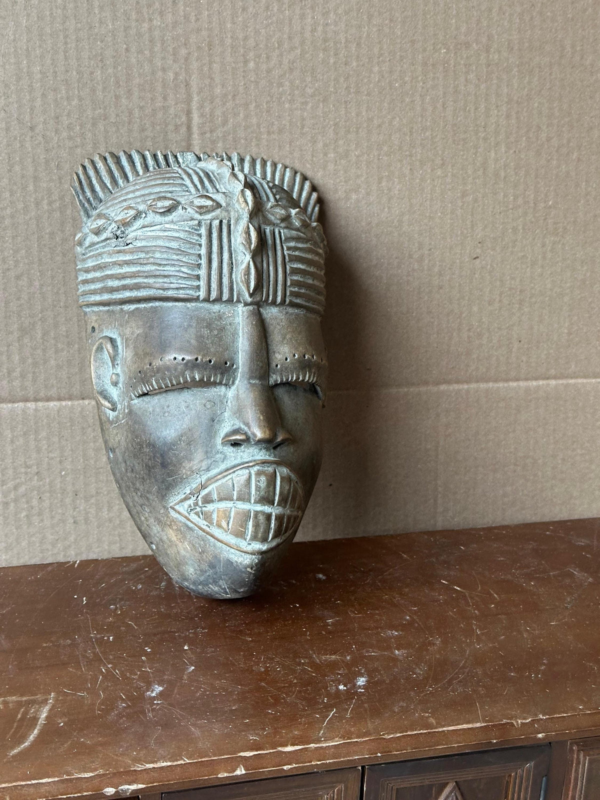 Vintage West African Mask Carved Wood Bared Teeth Coiffure Tribal Wall Art 9.5"