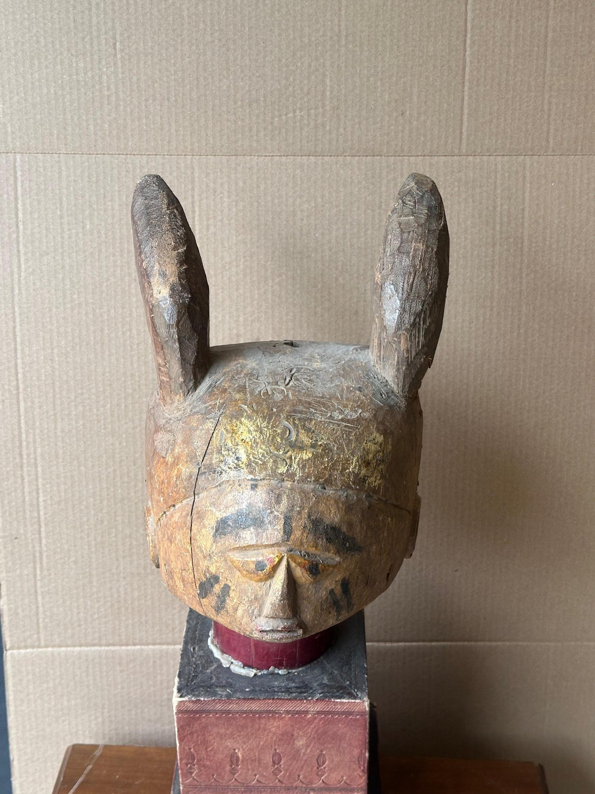Old Yoruba Gelede Helmet Mask – Rabbit Hare Ears & Pigment 12" | African Tribal Art Decor
