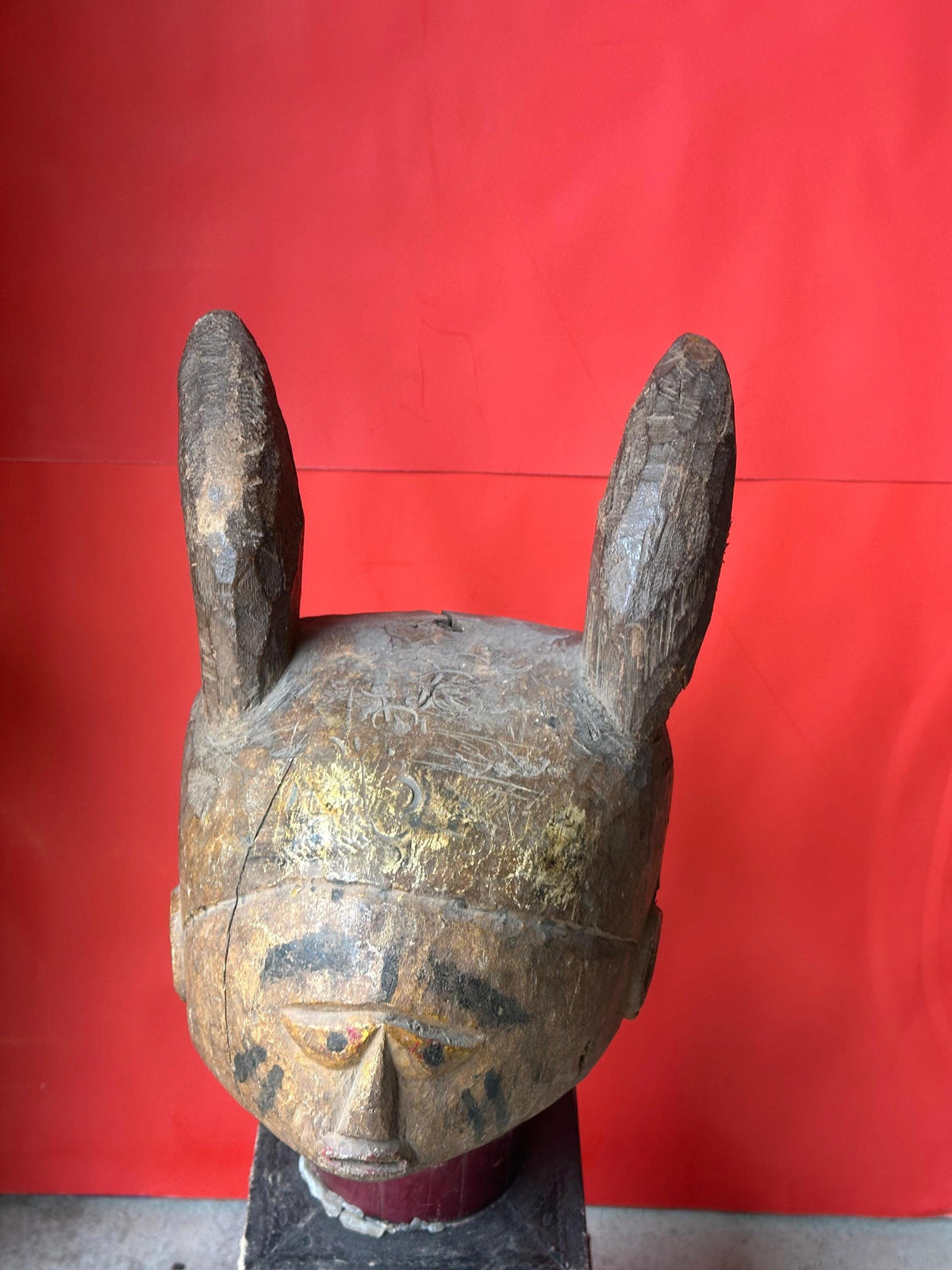 Old Yoruba Gelede Helmet Mask – Rabbit Hare Ears & Pigment 12" | African Tribal Art Decor