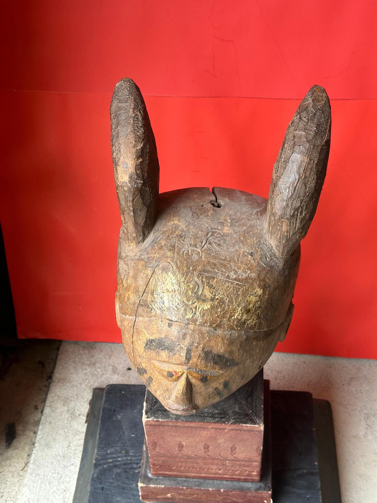 Old Yoruba Gelede Helmet Mask – Rabbit Hare Ears & Pigment 12" | African Tribal Art Decor