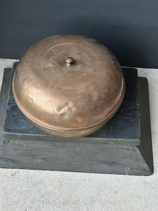 Vintage Hand Hammered Brass Bronze Covered Bowl Etched Lid 10"
