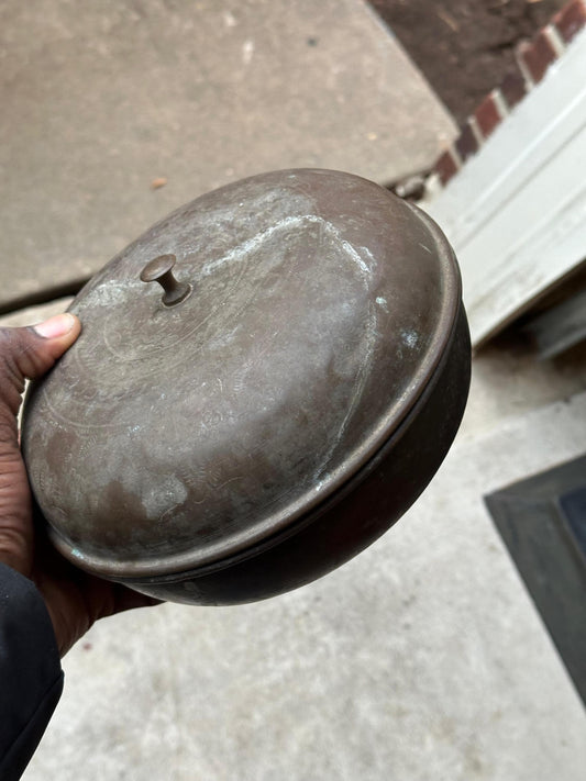 Vintage Hand Hammered Brass Bronze Lidded Bowl Etched Cover Small 8.2"
