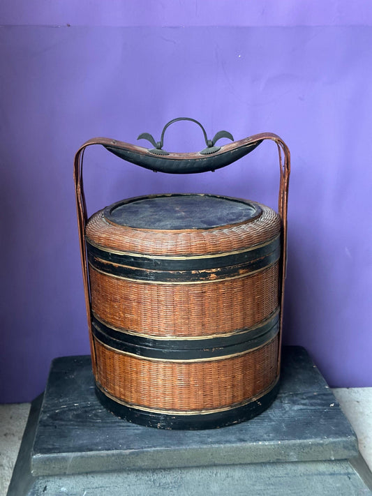 Vintage Chinese Cylindrical Lacquered Wedding Basket Food Carrier 12" Tall