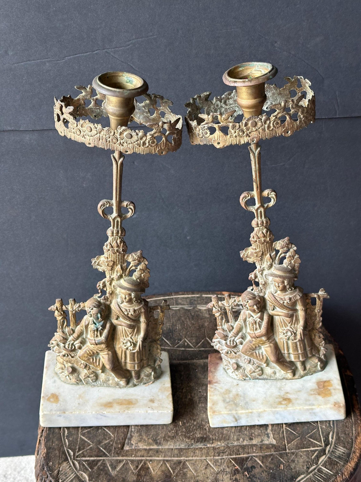 Figural Brass Candlesticks Pair, Victorian Style Candle Holders on Marble Base, 14 in Ornate Mantel Decor, Rococo Reviva