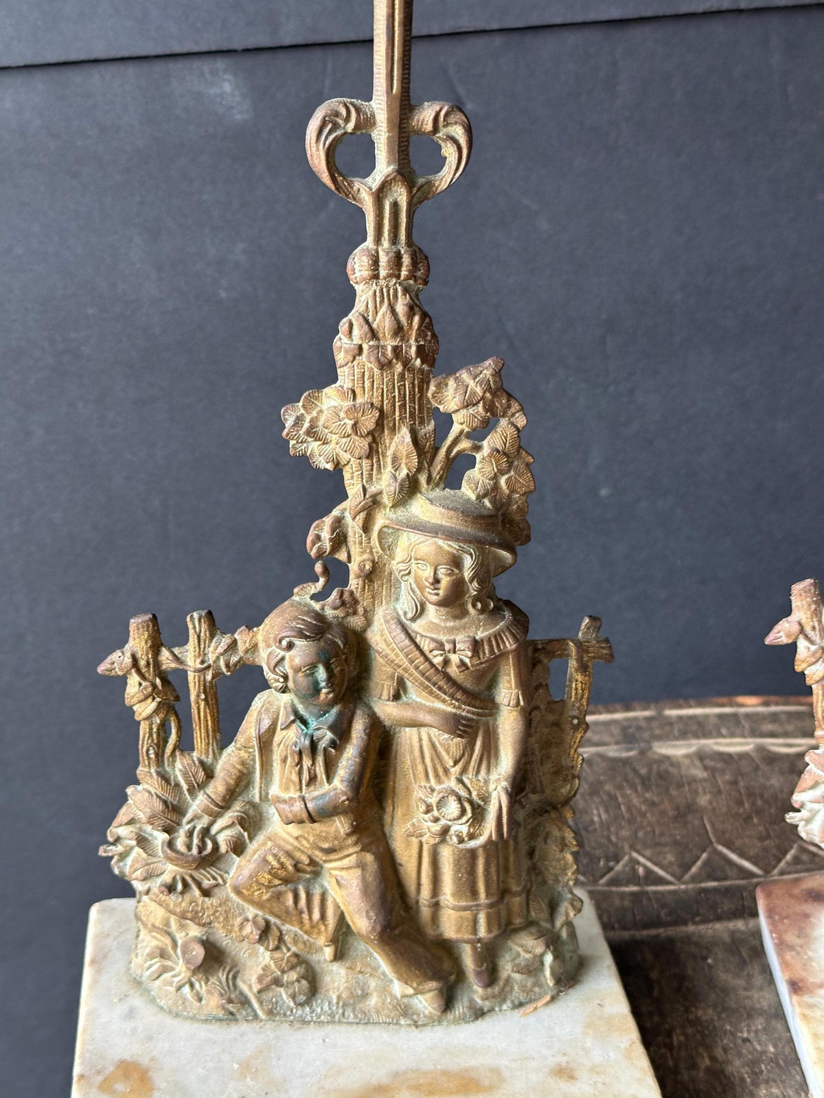 Figural Brass Candlesticks Pair, Victorian Style Candle Holders on Marble Base, 14 in Ornate Mantel Decor, Rococo Reviva