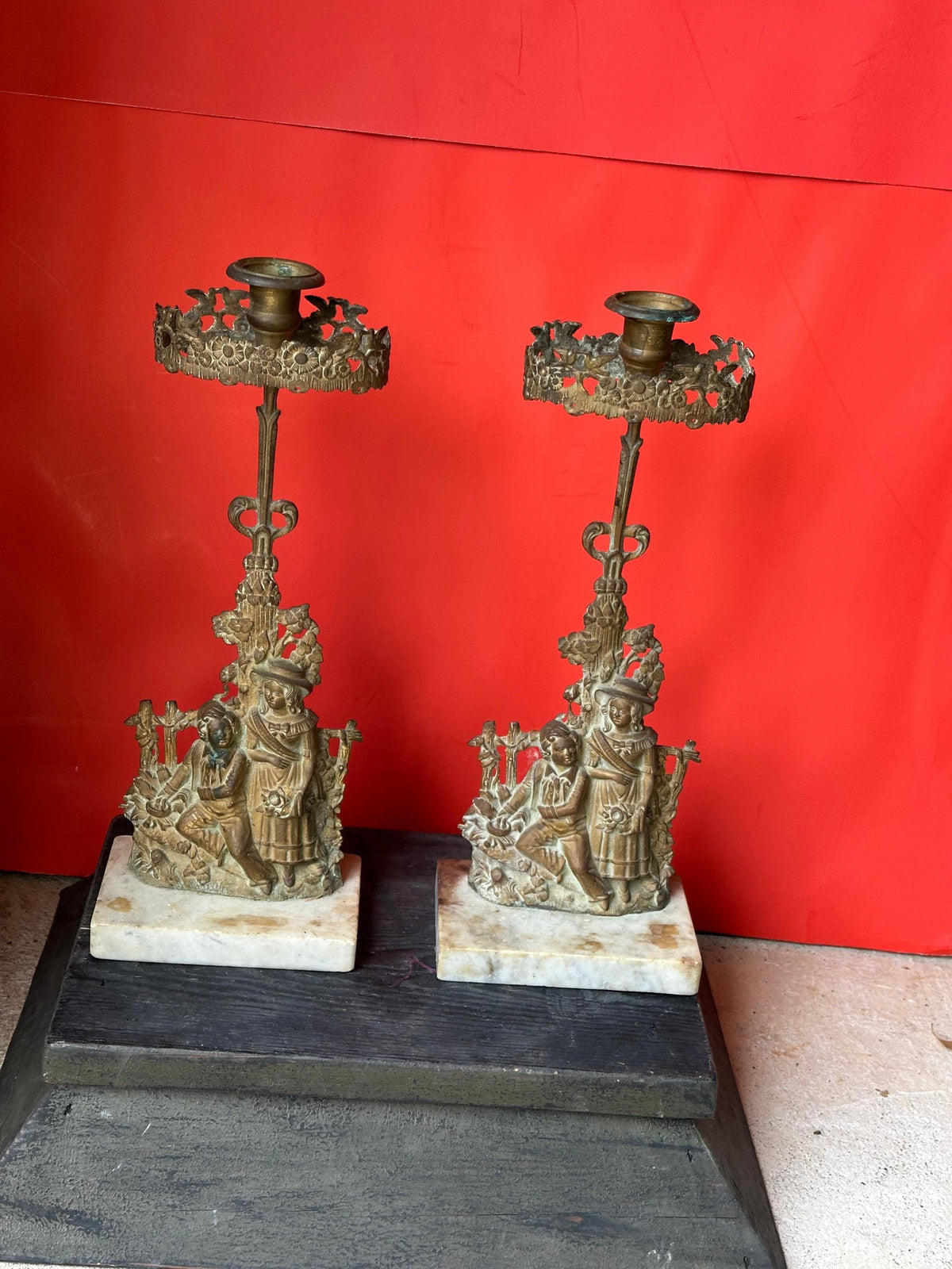 Figural Brass Candlesticks Pair, Victorian Style Candle Holders on Marble Base, 14 in Ornate Mantel Decor, Rococo Reviva
