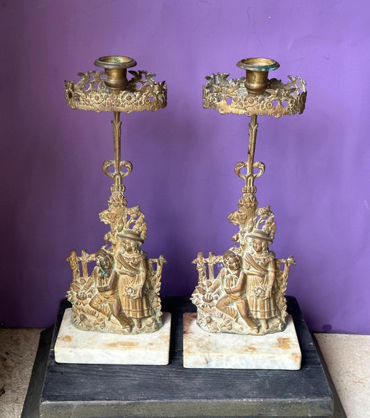 Figural Brass Candlesticks Pair, Victorian Style Candle Holders on Marble Base, 14 in Ornate Mantel Decor, Rococo Reviva