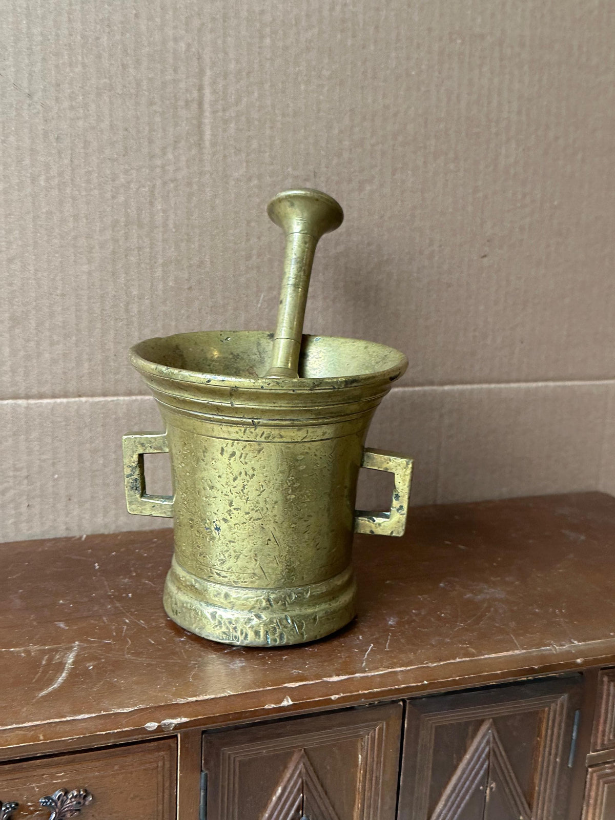 Vintage Heavy Brass Mortar & Pestle Set Square Handles Apothecary 4.5"