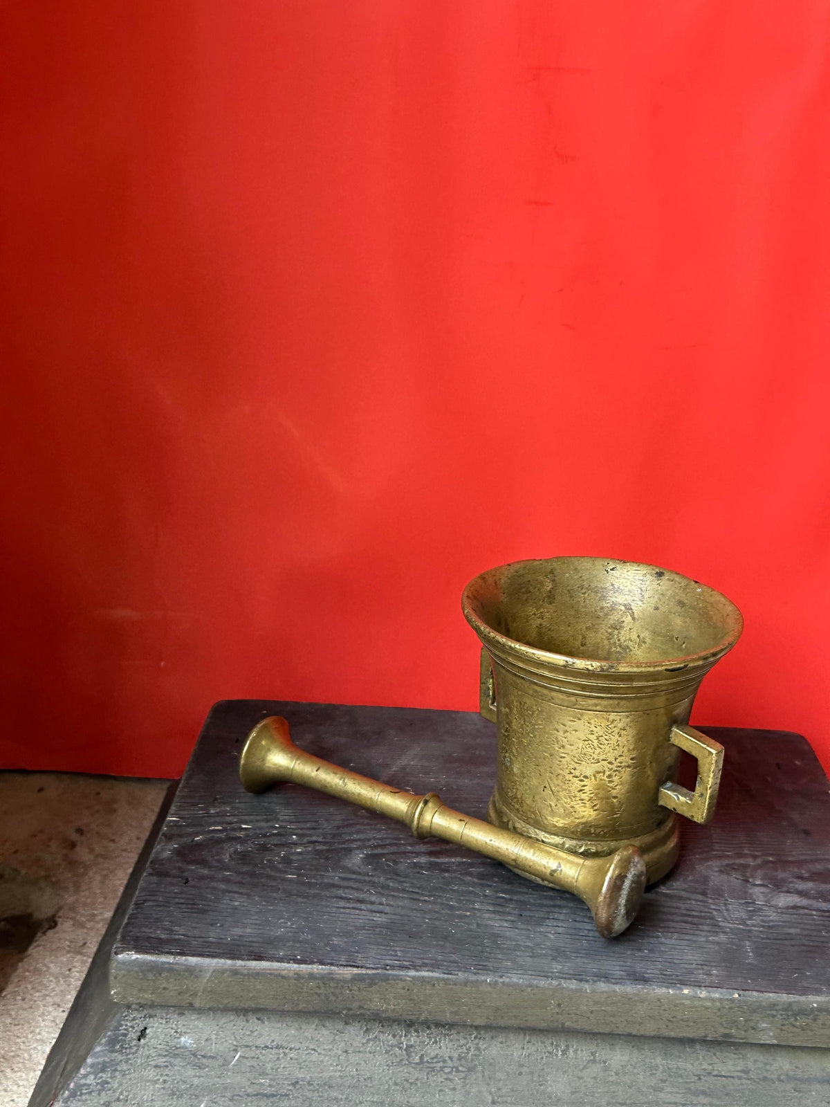 Vintage Heavy Brass Mortar & Pestle Set Square Handles Apothecary 4.5"