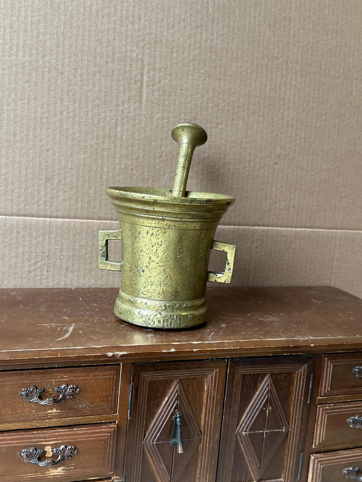 Vintage Heavy Brass Mortar & Pestle Set Square Handles Apothecary 4.5"