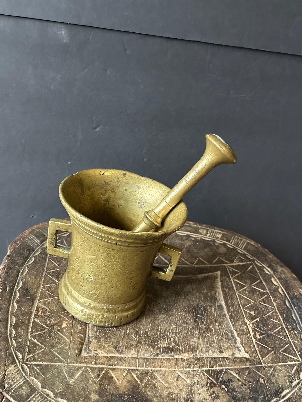 Vintage Heavy Brass Mortar & Pestle Set Square Handles Apothecary 4.5"