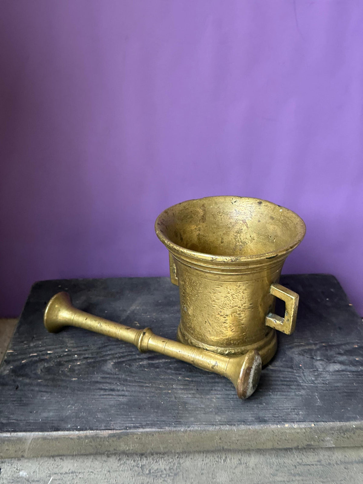Vintage Heavy Brass Mortar & Pestle Set Square Handles Apothecary 4.5"